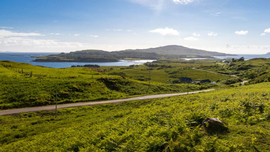 Die Küstenstraße von Mull führt durch eine grüne Landschaft, im Hintergrund liegt die Insel Ulva